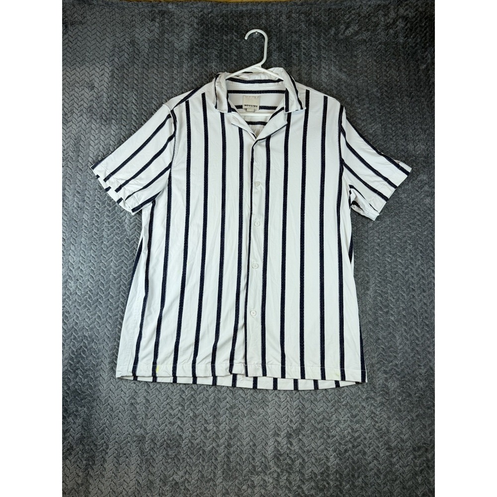 Industry Button Up Shirt Men White Black Striped Stretch Short Sleeve Casual - S